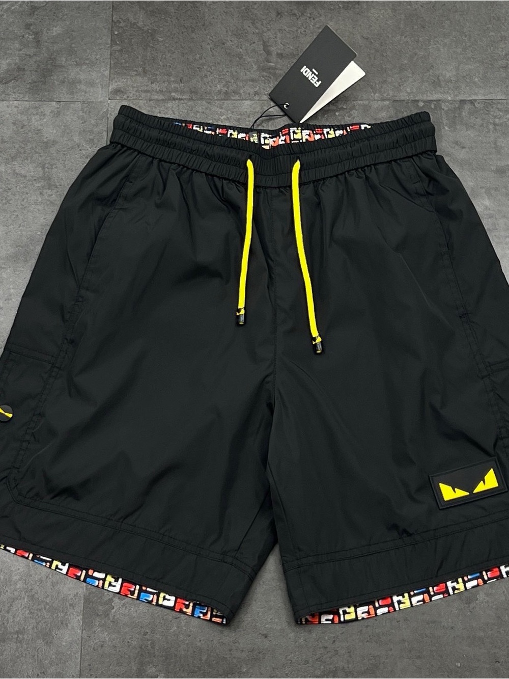 Fendi Black Cargo Shorts with Yellow Drawcords and FF-Trim